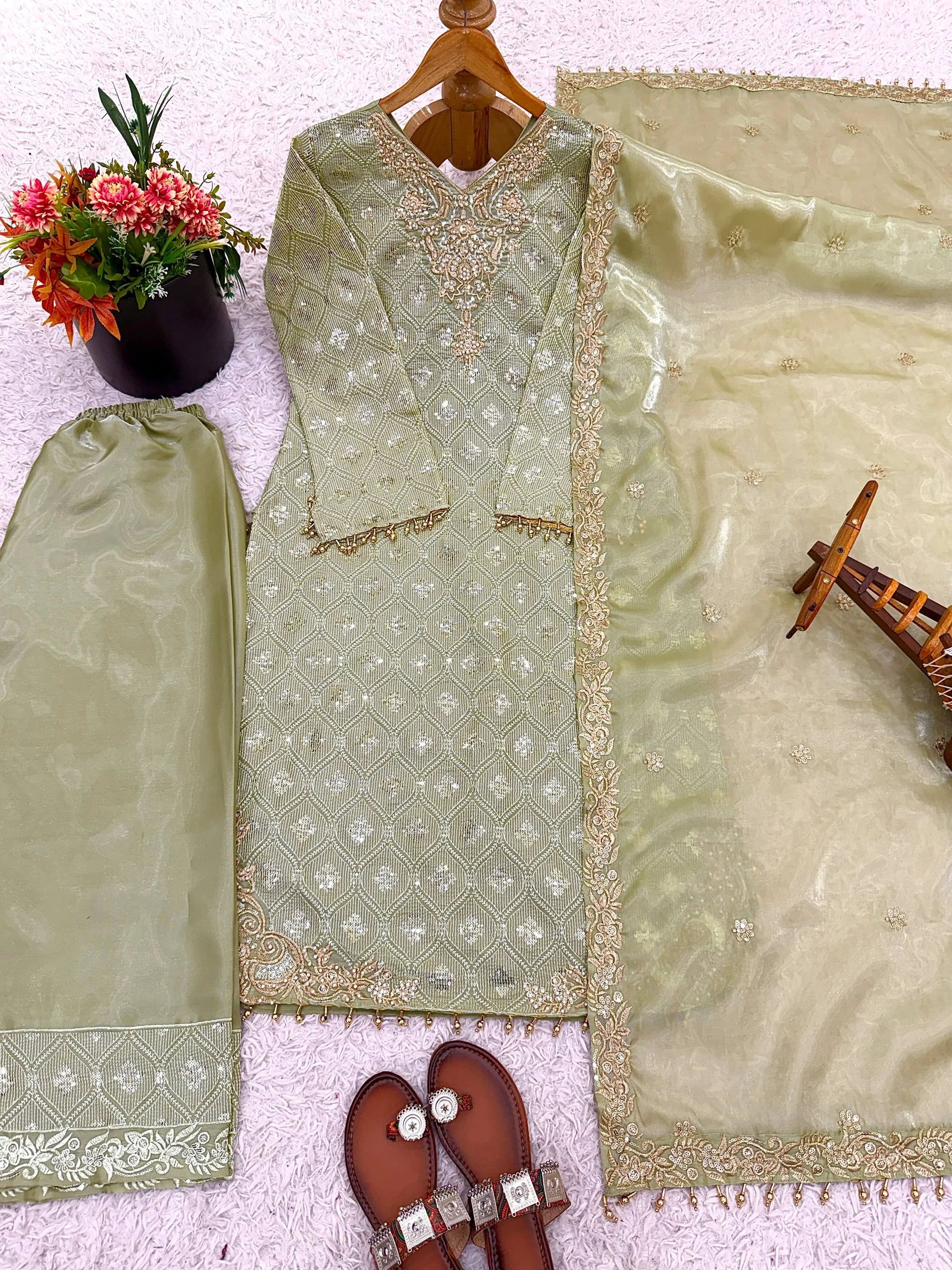 Designer GMY Silk Top & Plazzo Set with Heavy Sequence Embroidery
