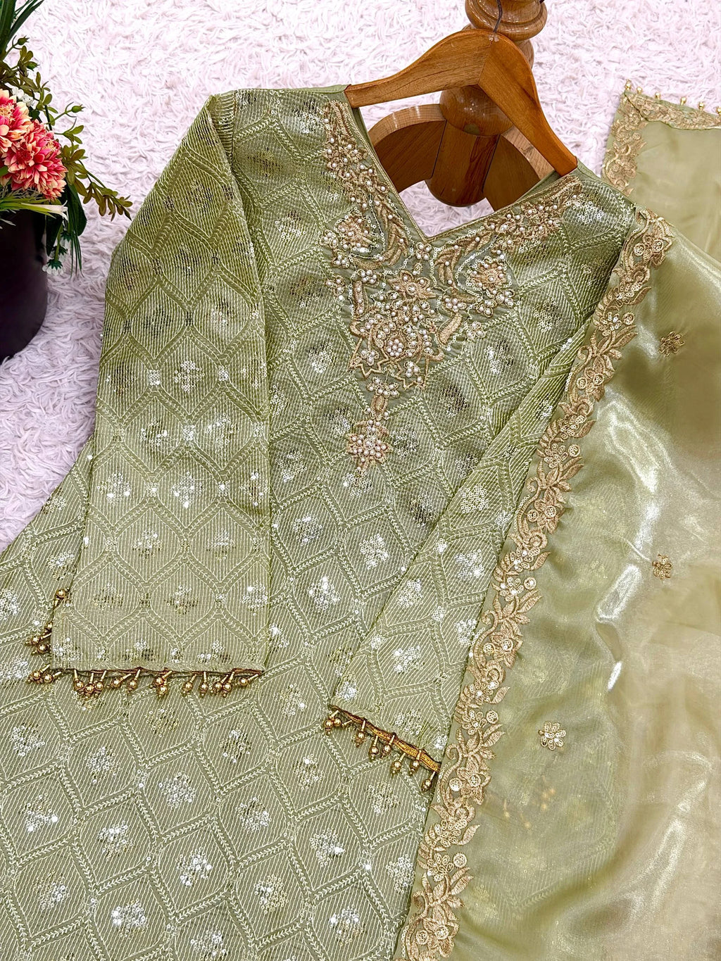 Designer GMY Silk Top & Plazzo Set with Heavy Sequence Embroidery