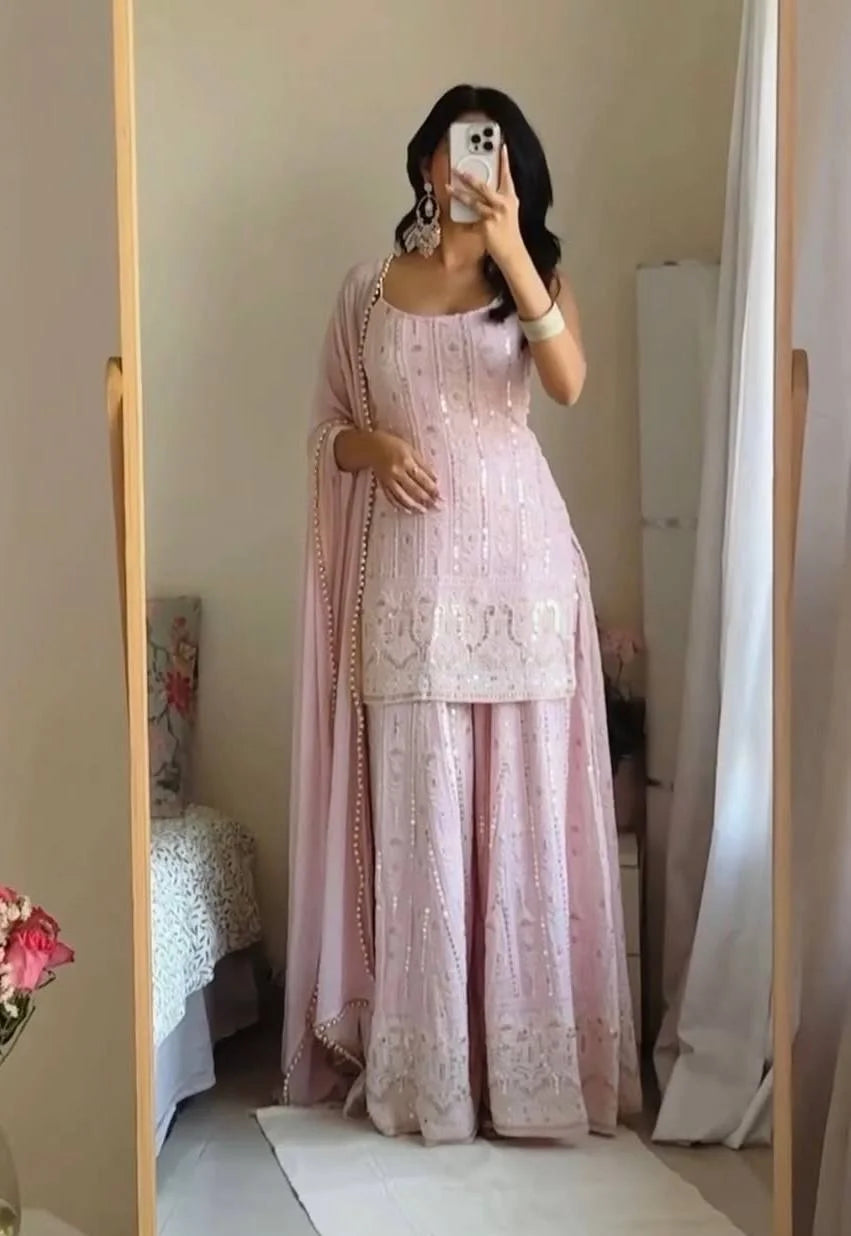 Soft Pink Foux Georgette Sharara Suit with matching dupatta