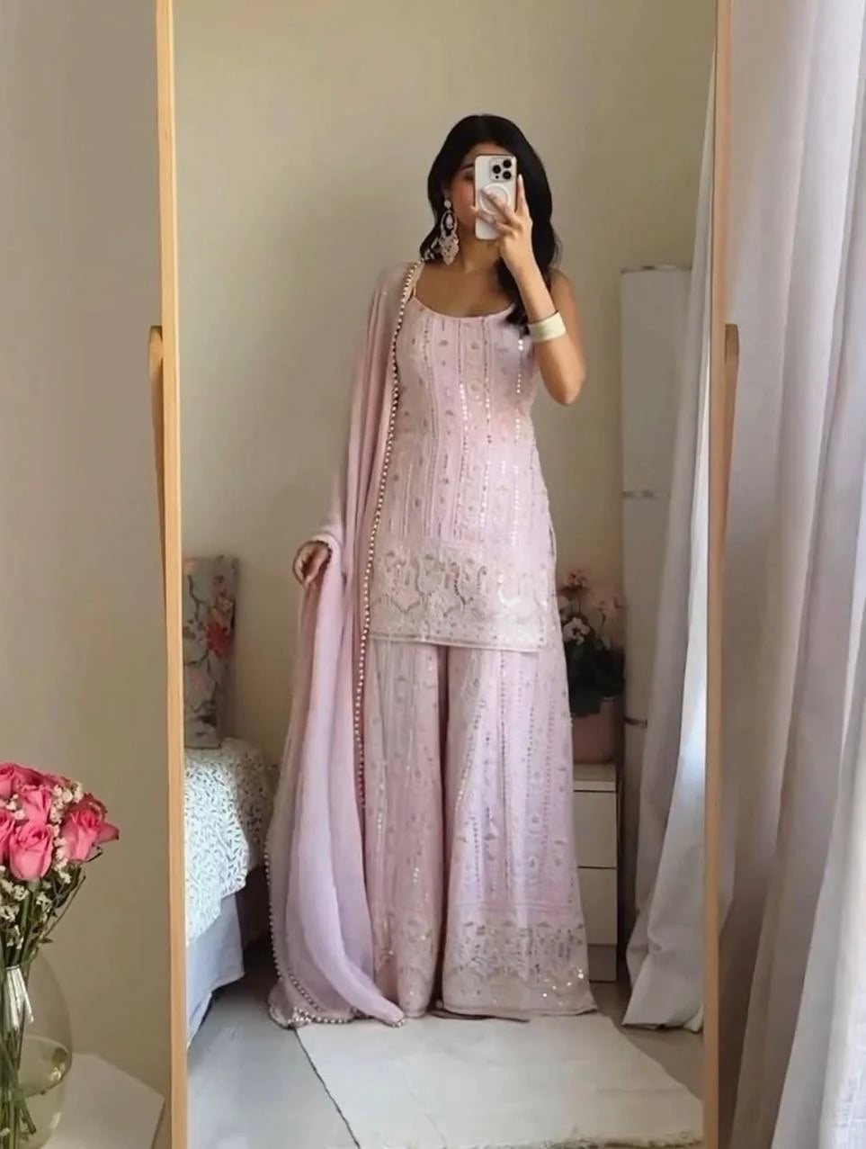 Soft Pink Foux Georgette Sharara Suit with matching dupatta
