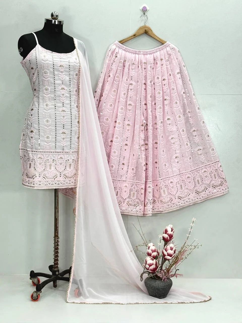 Soft Pink Foux Georgette Sharara Suit with matching dupatta