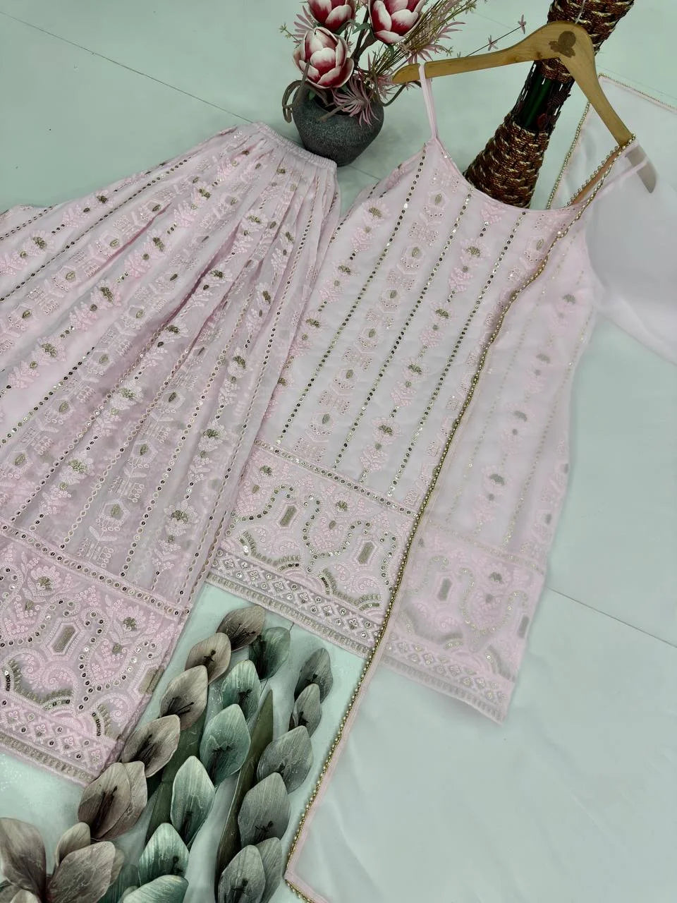 Soft Pink Foux Georgette Sharara Suit with matching dupatta