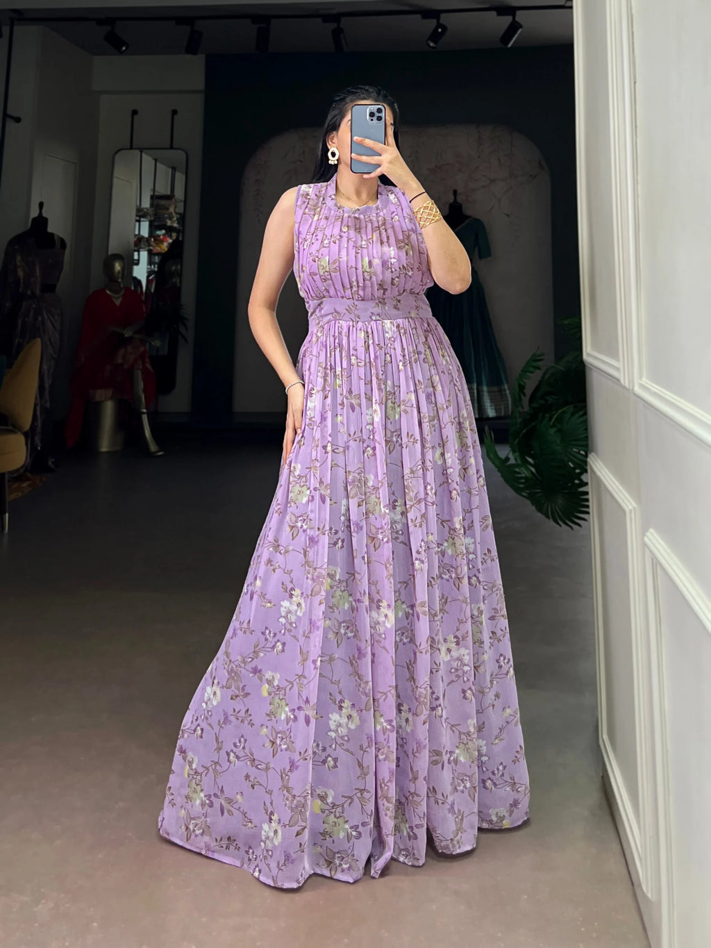 Graceful Floral Weightless Marble Long Dress with Silk Lining
