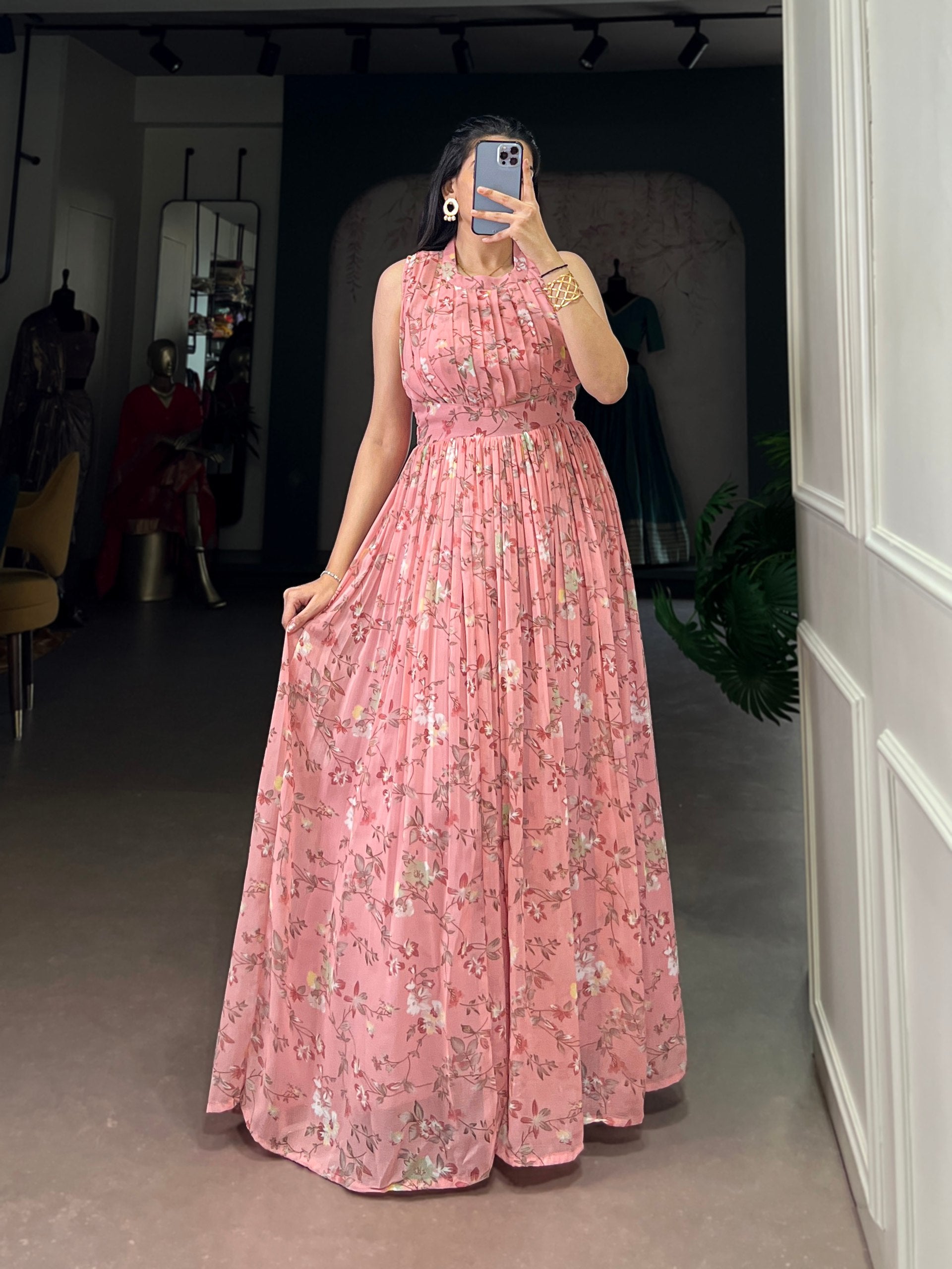 Premium Weightless Marbal Floral Dress with Silk Lining & Wide Flair