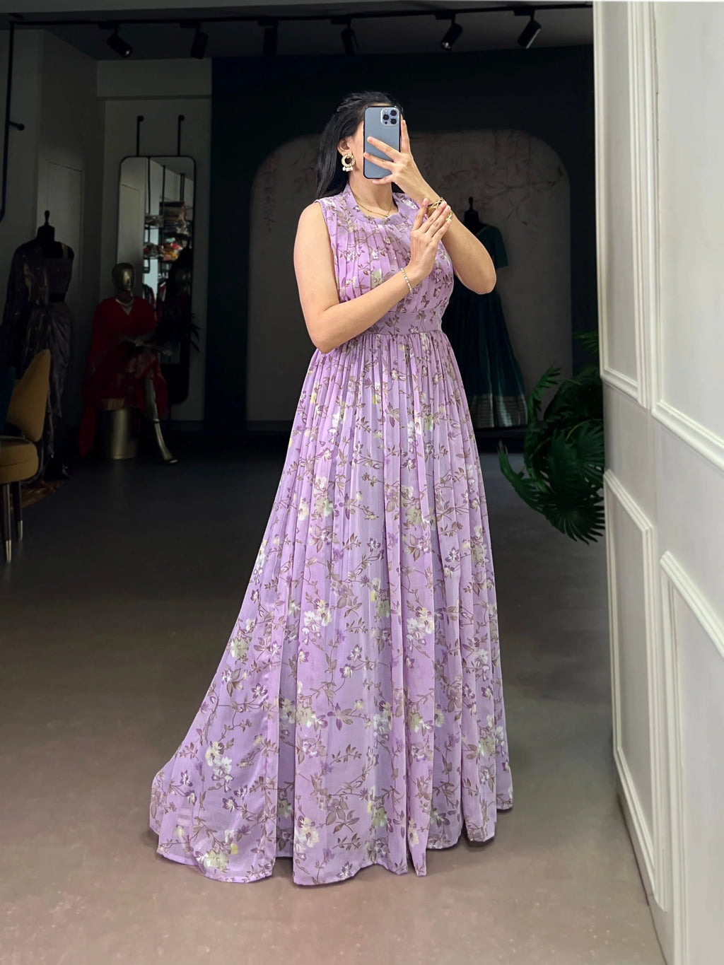 Graceful Floral Weightless Marble Long Dress with Silk Lining