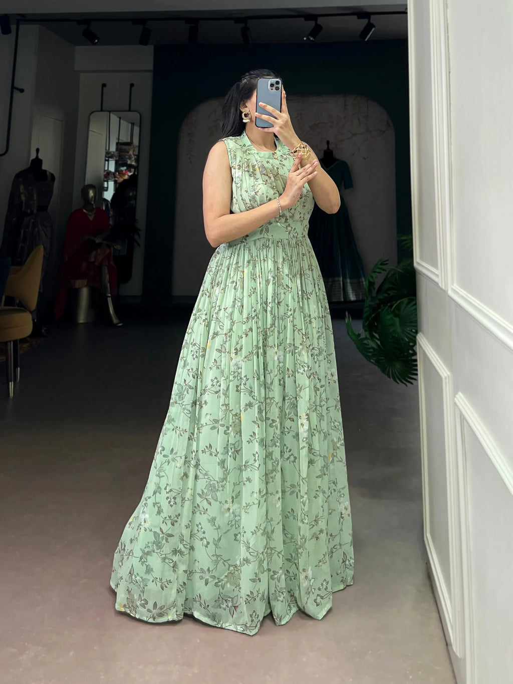 Designer Floral Marbal Dress with Silk Lining & Extra Margin Fit