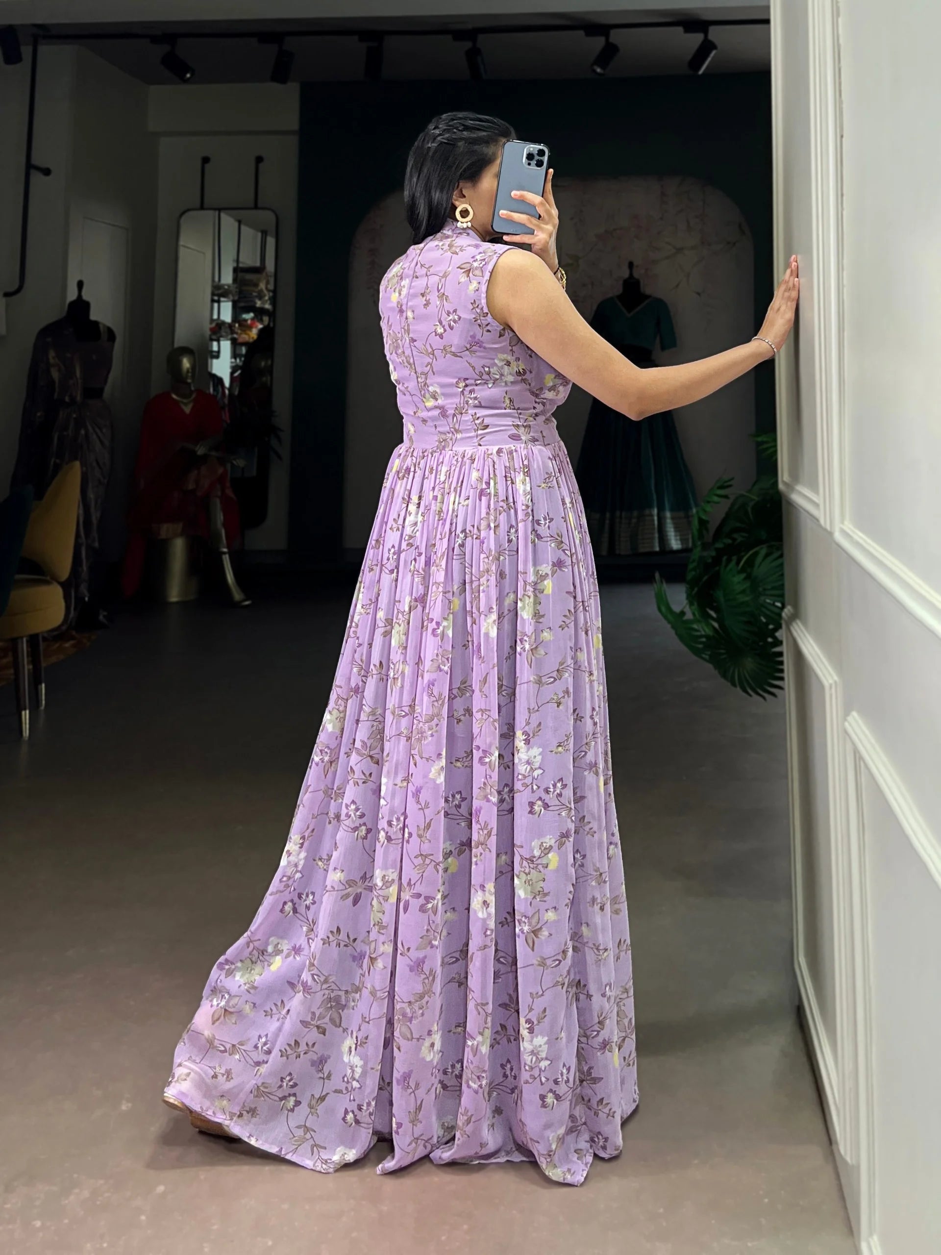 Graceful Floral Weightless Marble Long Dress with Silk Lining