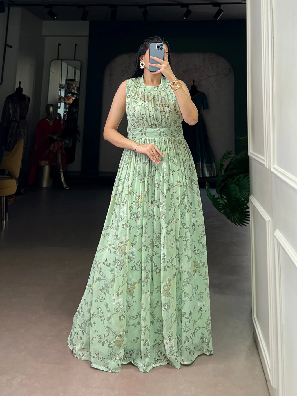 Designer Floral Marbal Dress with Silk Lining & Extra Margin Fit