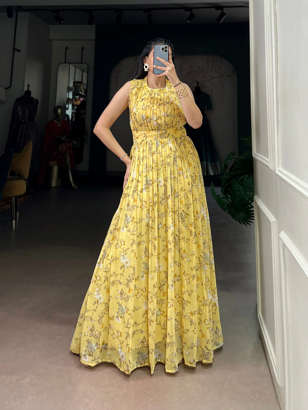 Weightless Marbal Floral Printed Long Dress with Silk Lining