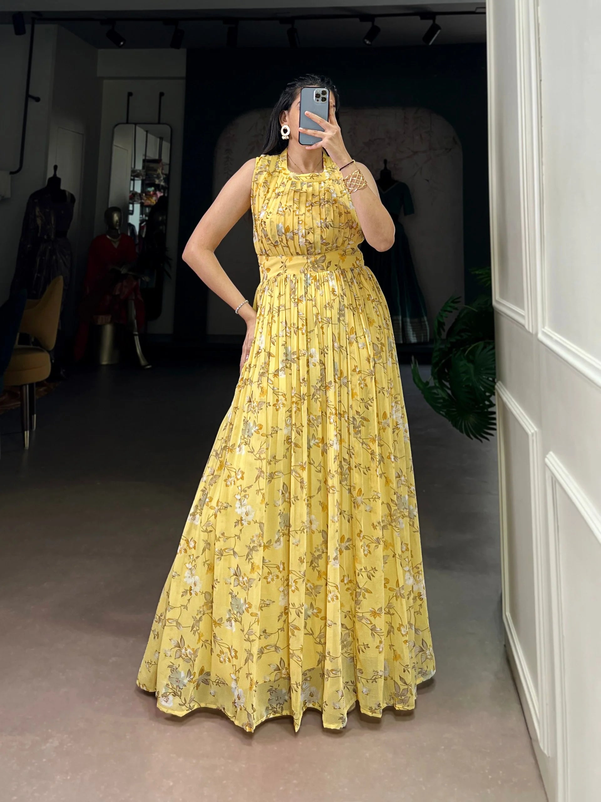 Weightless Marbal Floral Printed Long Dress with Silk Lining