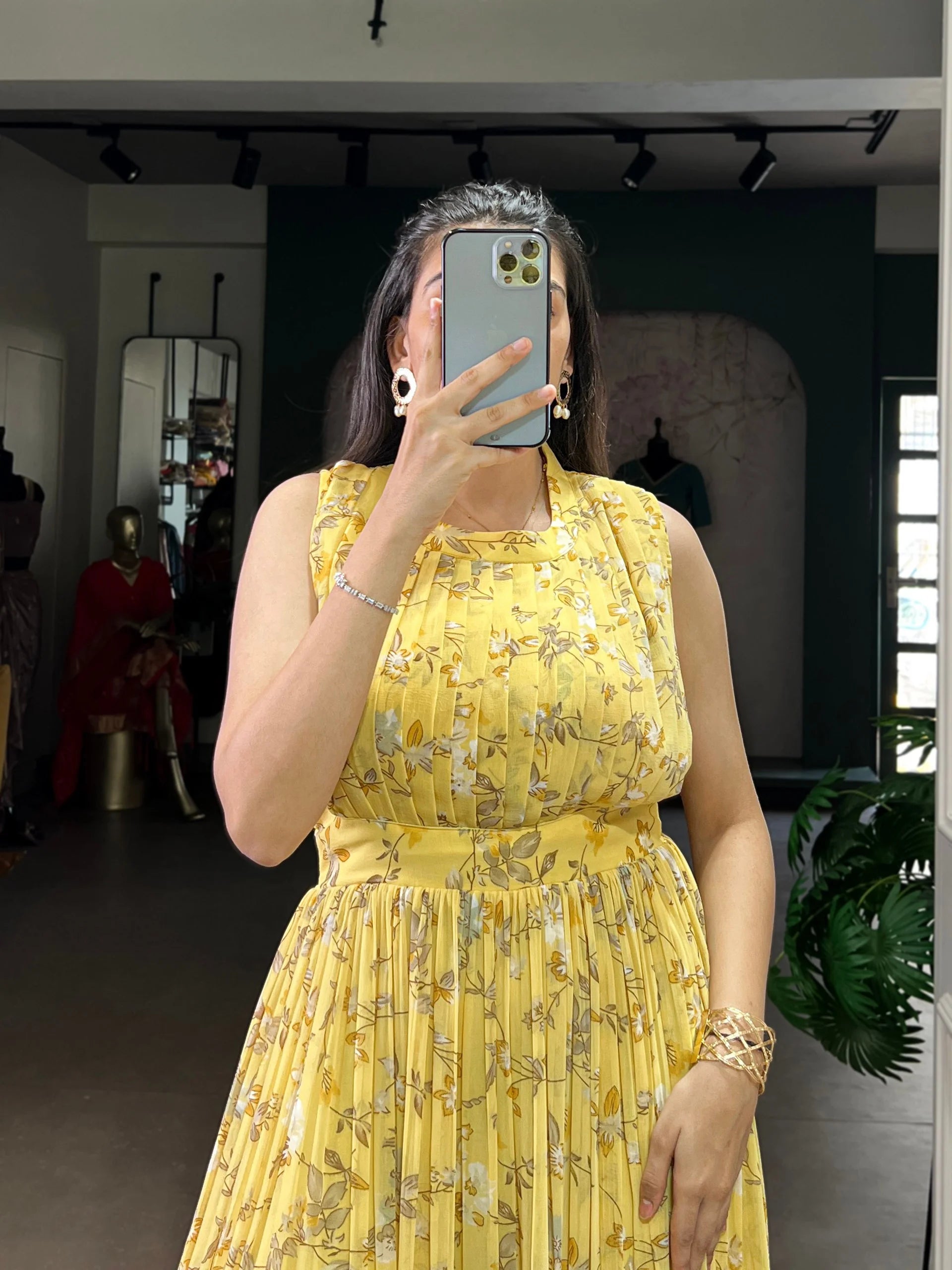 Weightless Marbal Floral Printed Long Dress with Silk Lining