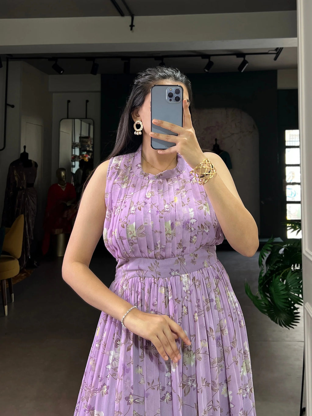 Graceful Floral Weightless Marble Long Dress with Silk Lining