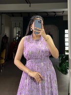 Graceful Floral Weightless Marble Long Dress with Silk Lining