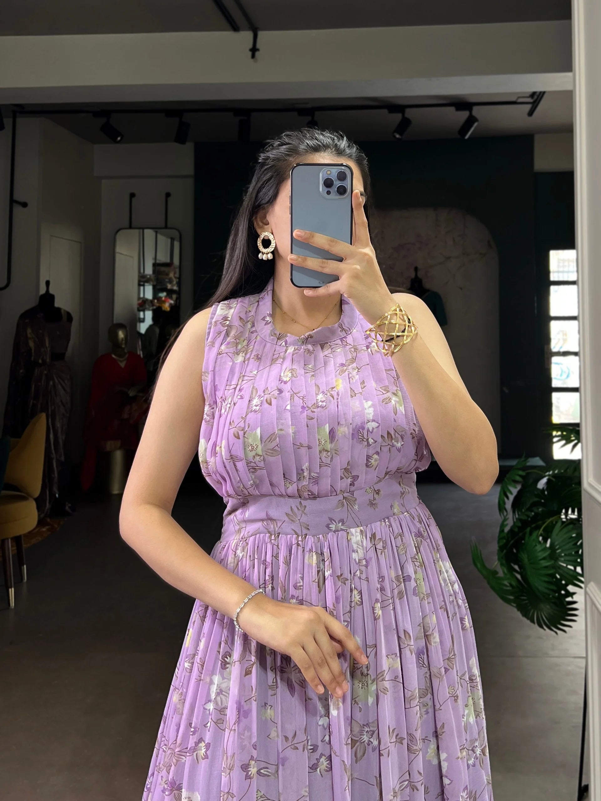 Graceful Floral Weightless Marble Long Dress with Silk Lining
