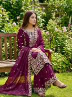 Exclusive Wine GMY Silk Designer Top Plazzo Set with Rich Embroidery