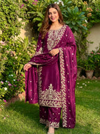 Exclusive Wine GMY Silk Designer Top Plazzo Set with Rich Embroidery