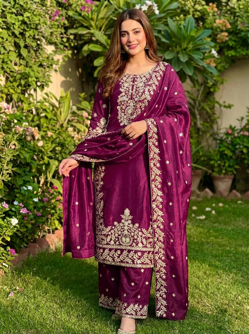 Exclusive Wine GMY Silk Designer Top Plazzo Set with Rich Embroidery