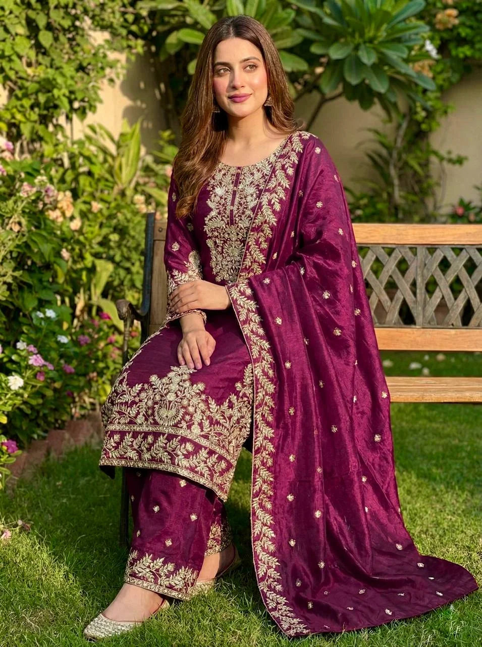 Exclusive Wine GMY Silk Designer Top Plazzo Set with Rich Embroidery