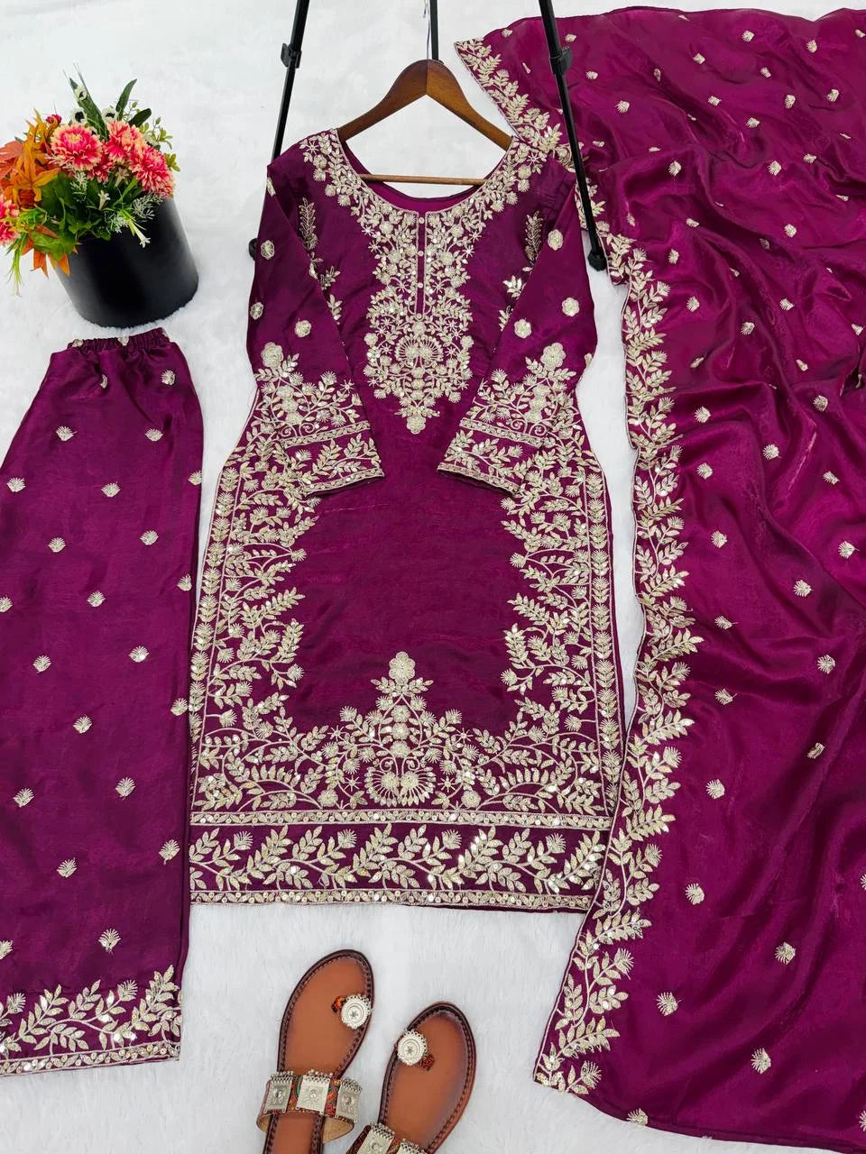 Exclusive Wine GMY Silk Designer Top Plazzo Set with Rich Embroidery