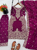 Exclusive Wine GMY Silk Designer Top Plazzo Set with Rich Embroidery