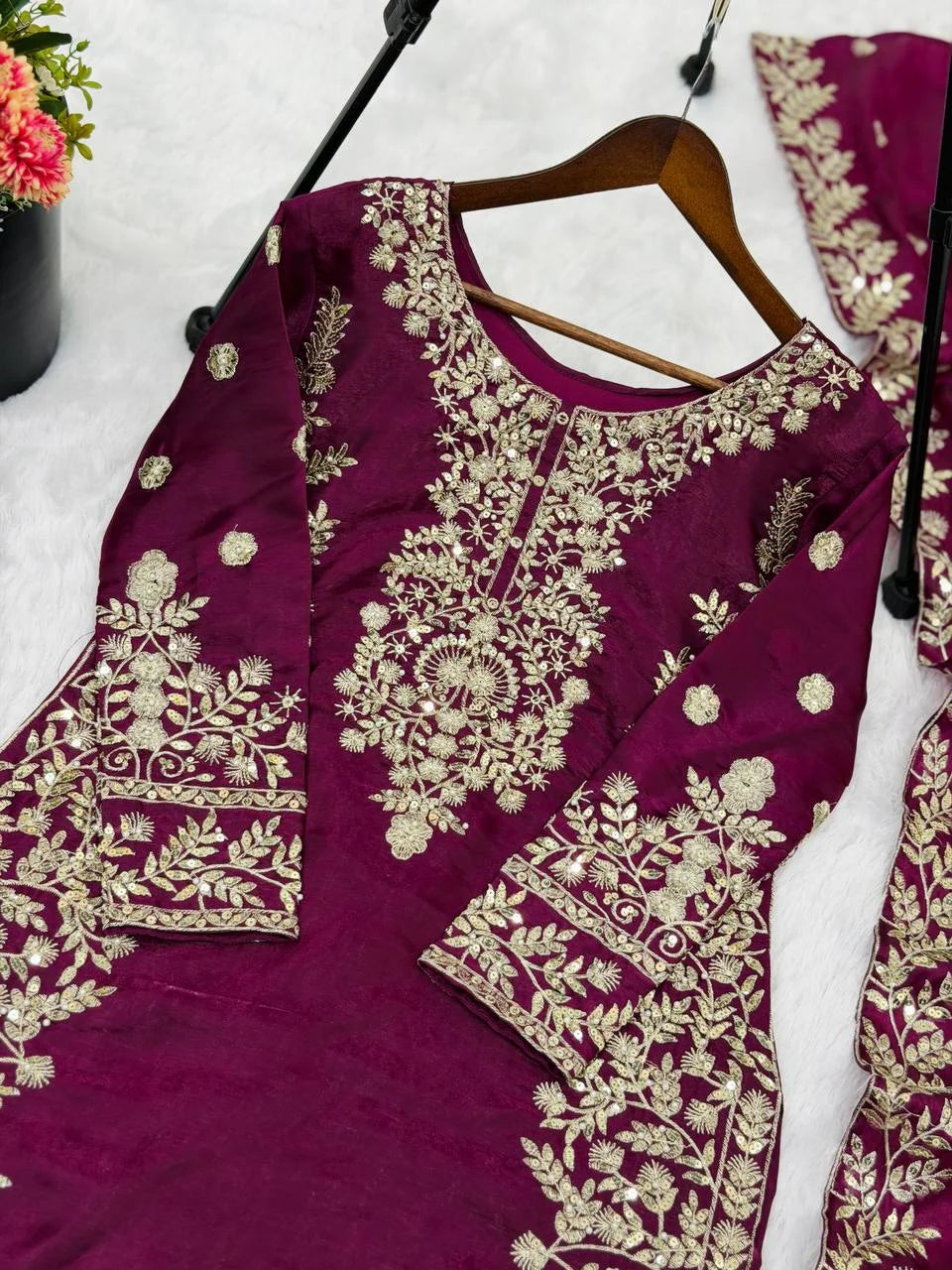 Exclusive Wine GMY Silk Designer Top Plazzo Set with Rich Embroidery