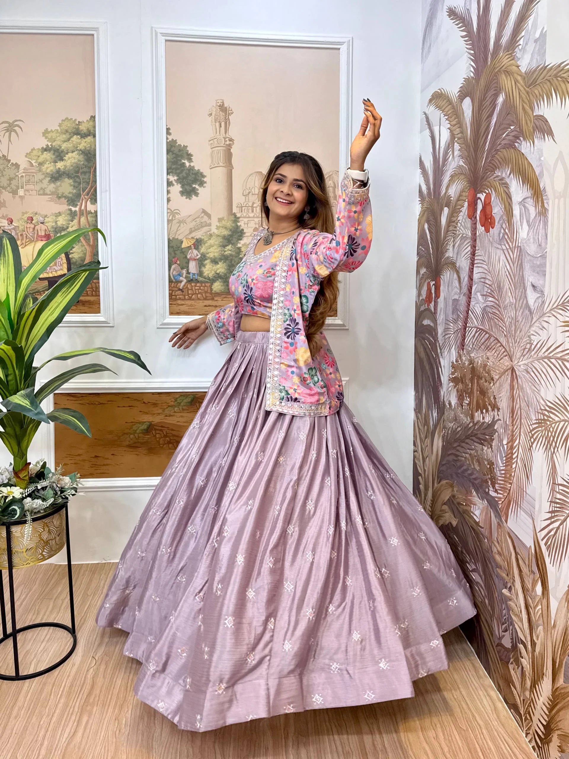 Pure Chinon Embroidered Lehenga Choli with Matching Koti