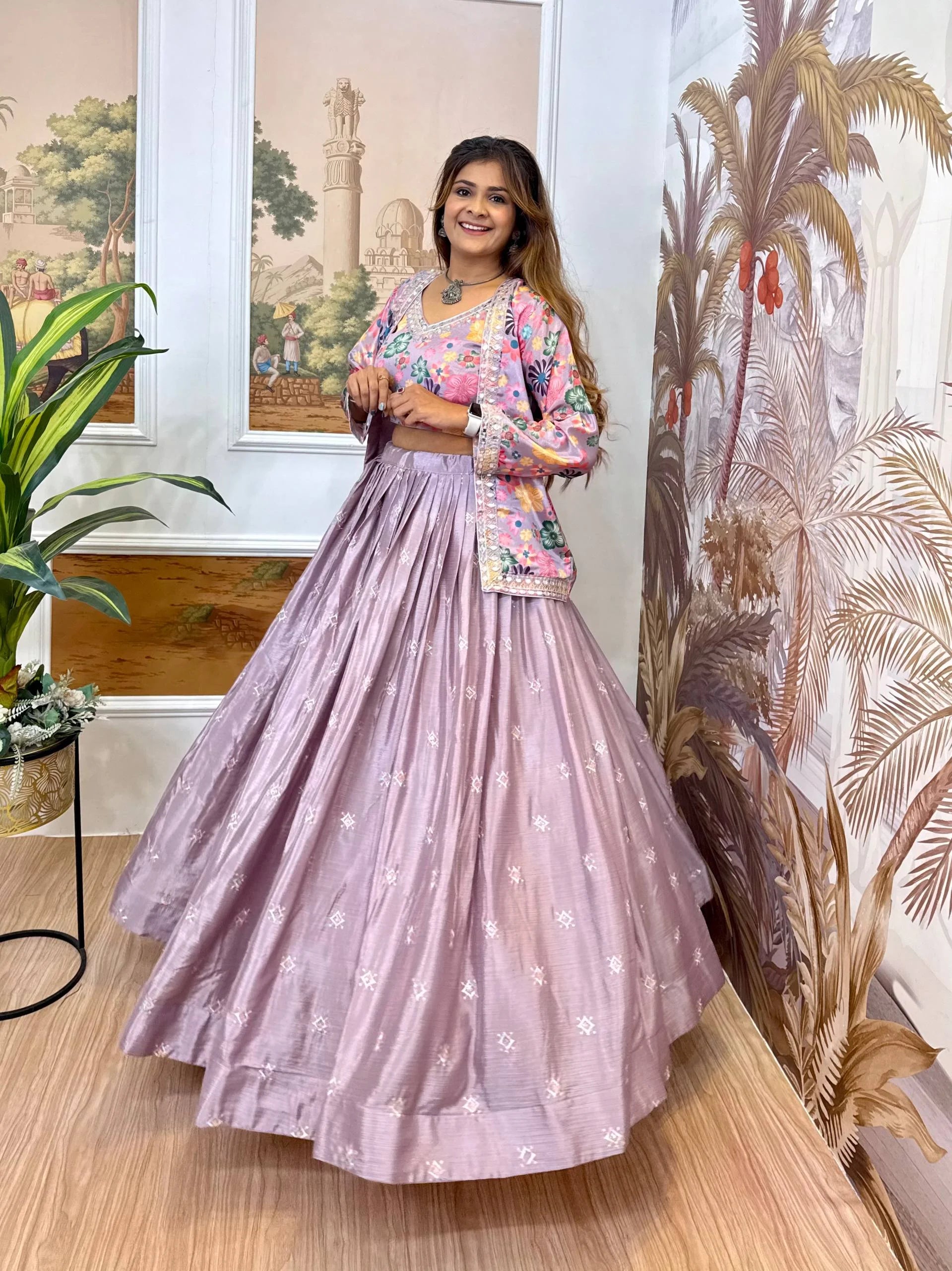Pure Chinon Embroidered Lehenga Choli with Matching Koti