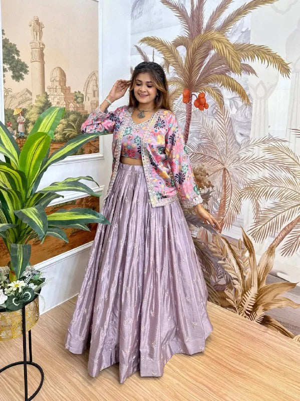Pure Chinon Embroidered Lehenga Choli with Matching Koti