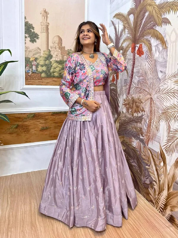 Pure Chinon Embroidered Lehenga Choli with Matching Koti