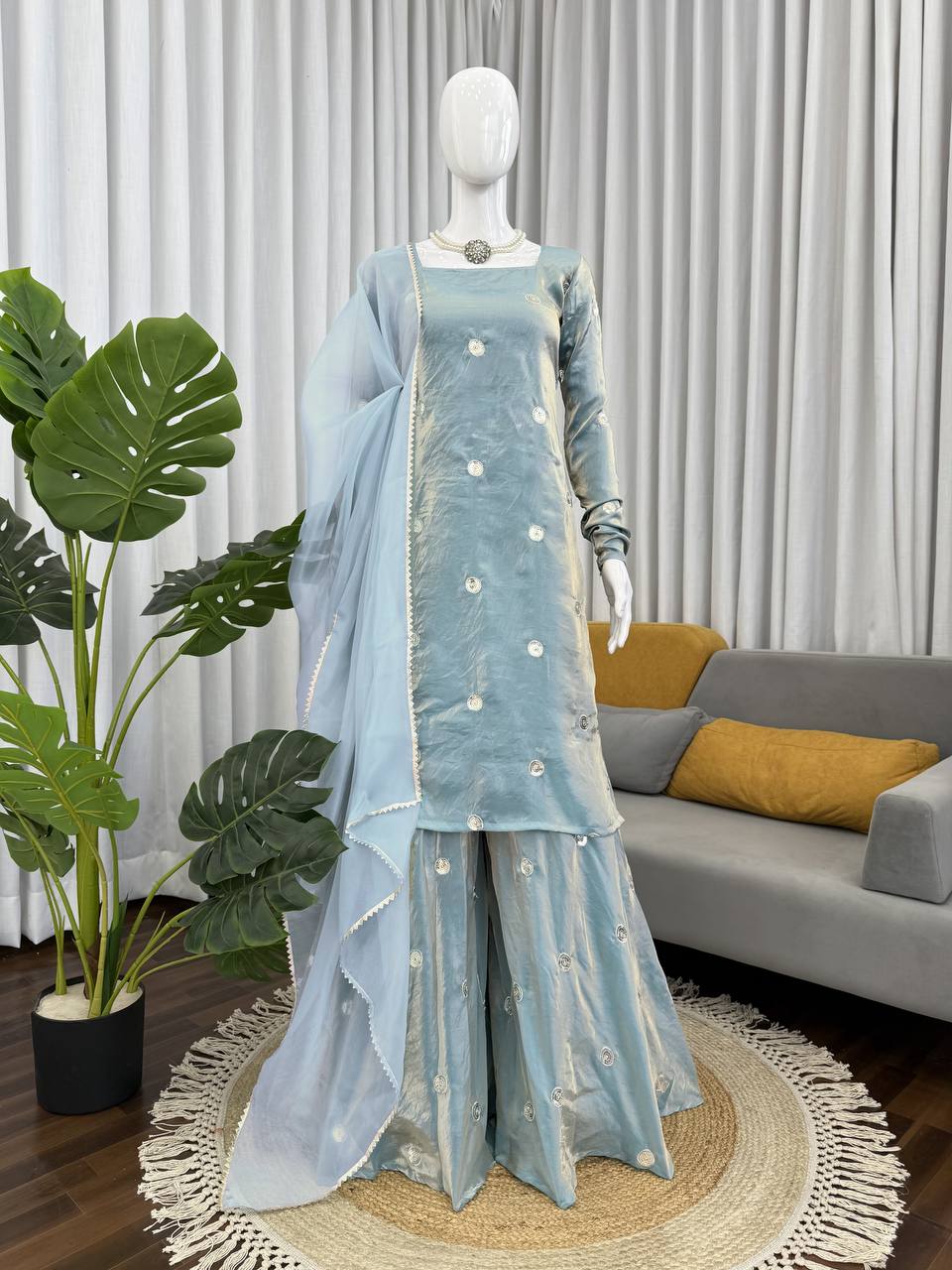 Sky Blue Designer Palazzo Suit with Dupatta for Wedding & Festive Glamour