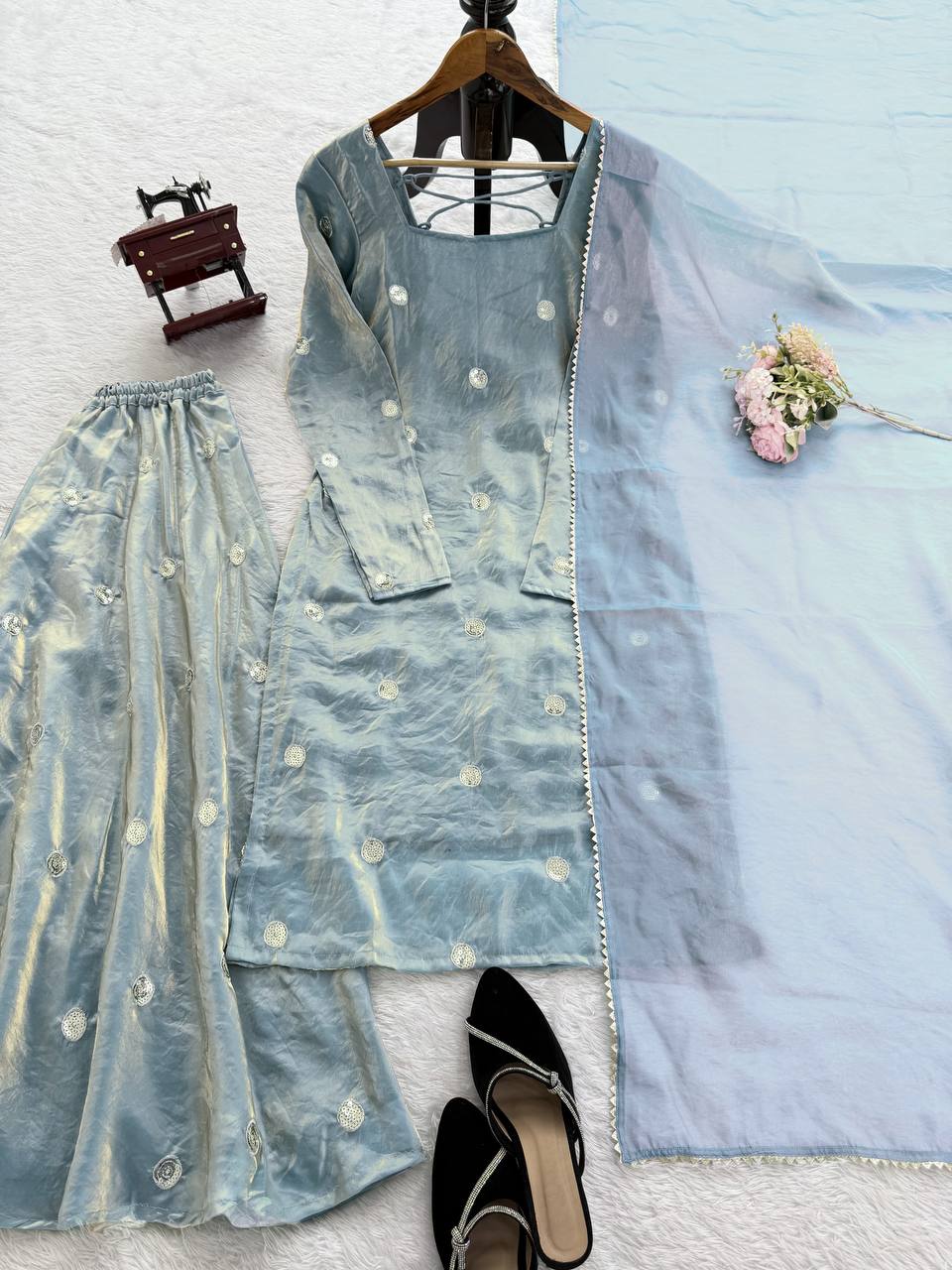 Sky Blue Designer Palazzo Suit with Dupatta for Wedding & Festive Glamour