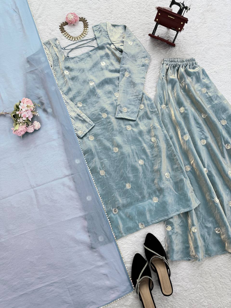 Sky Blue Designer Palazzo Suit with Dupatta for Wedding & Festive Glamour
