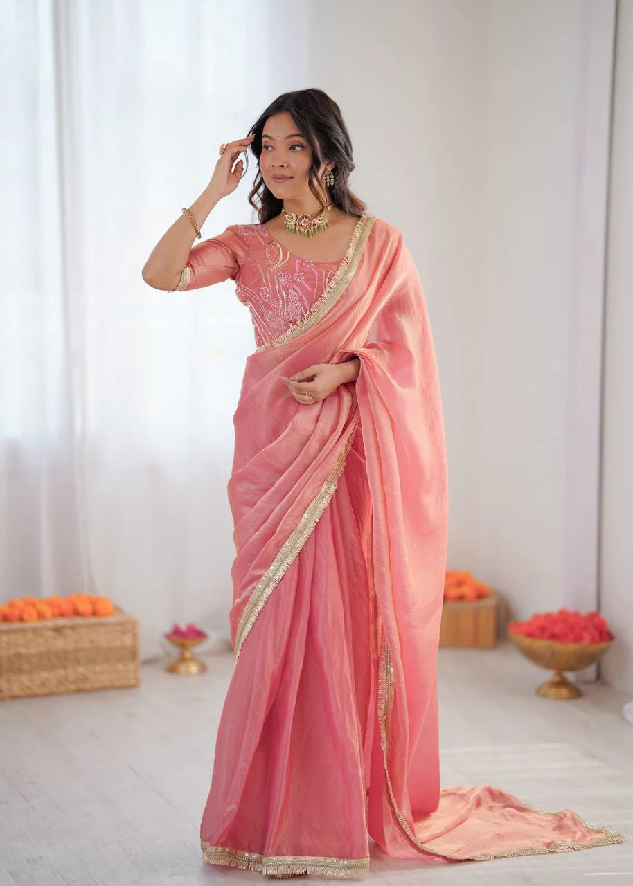 Elegant Peach Fendy Silk Ready-to-Wear Saree with Embroidered Blouse