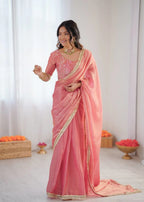 Elegant Peach Fendy Silk Ready-to-Wear Saree with Embroidered Blouse