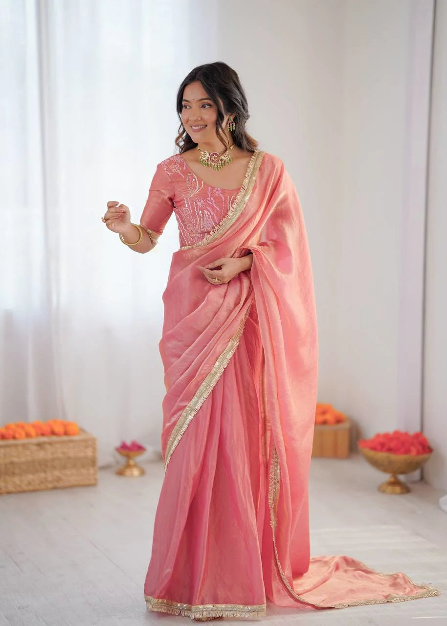 Elegant Peach Fendy Silk Ready-to-Wear Saree with Embroidered Blouse