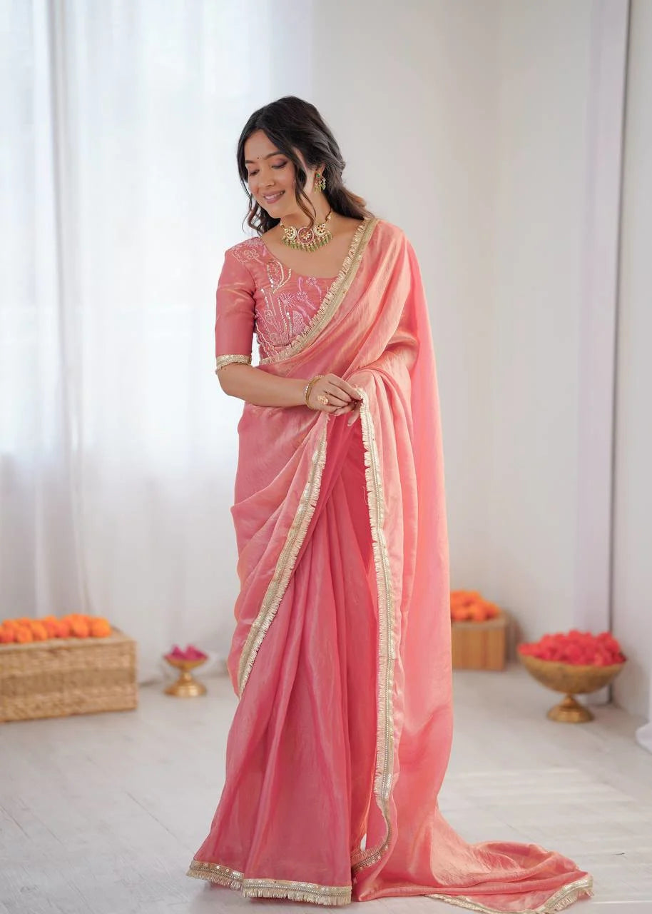 Elegant Peach Fendy Silk Ready-to-Wear Saree with Embroidered Blouse