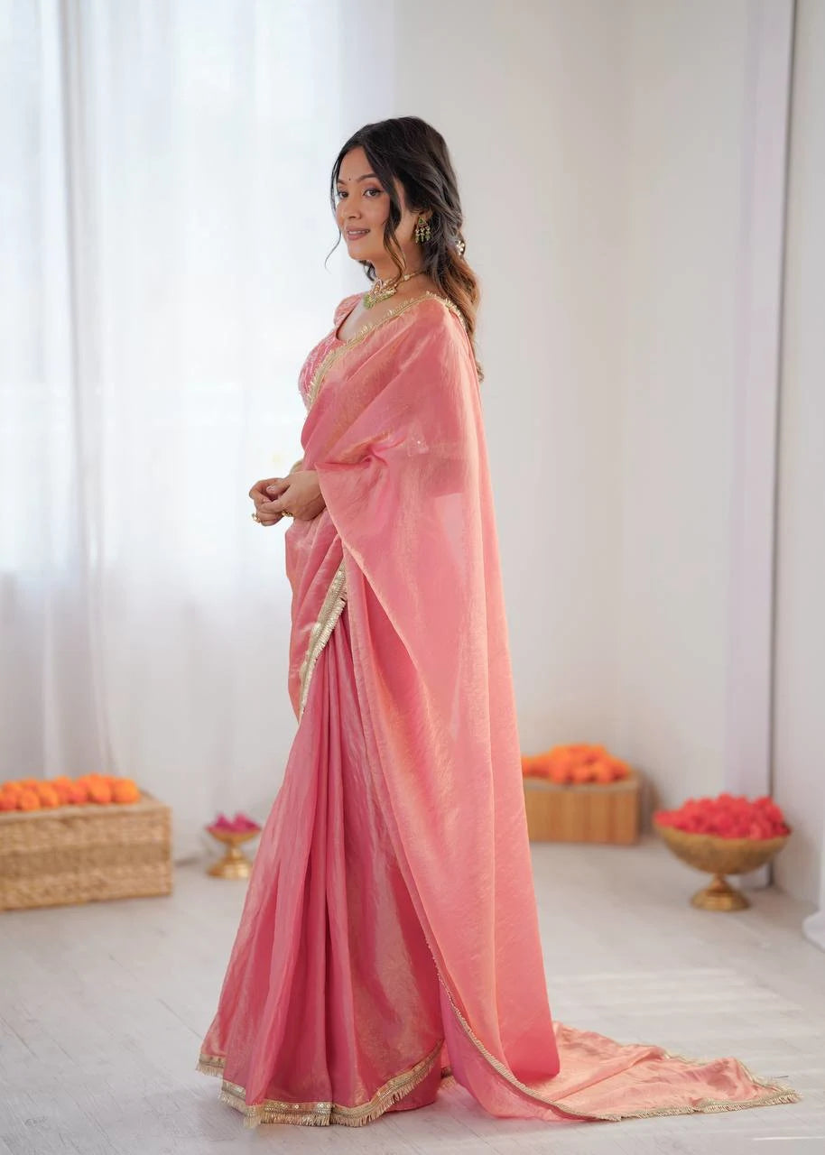 Elegant Peach Fendy Silk Ready-to-Wear Saree with Embroidered Blouse
