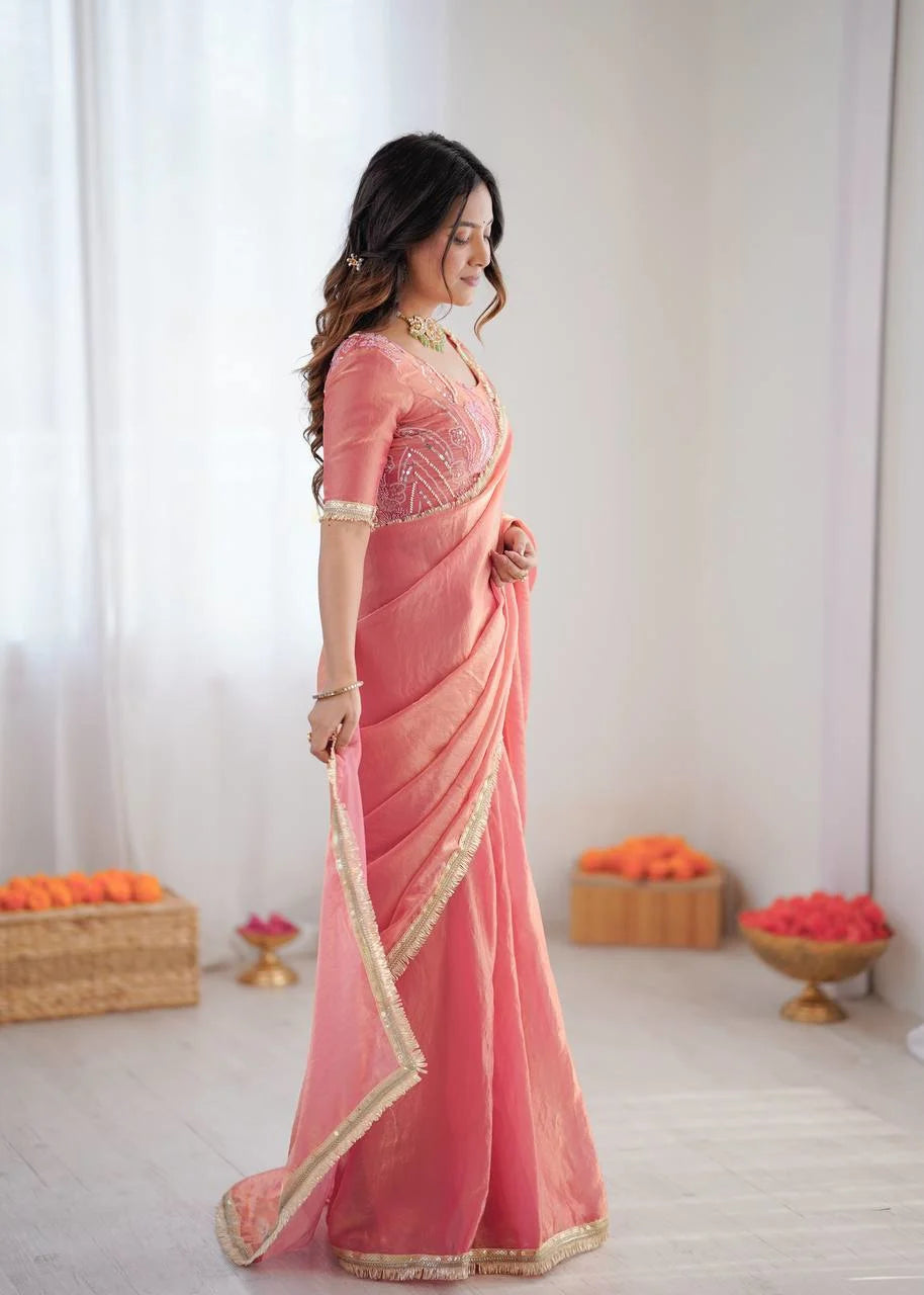 Elegant Peach Fendy Silk Ready-to-Wear Saree with Embroidered Blouse