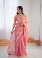 Elegant Peach Fendy Silk Ready-to-Wear Saree with Embroidered Blouse