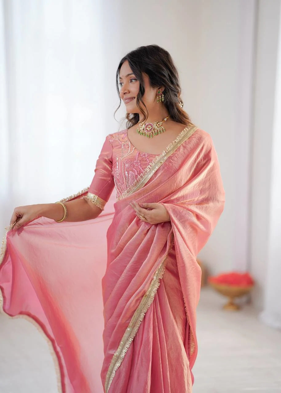 Elegant Peach Fendy Silk Ready-to-Wear Saree with Embroidered Blouse