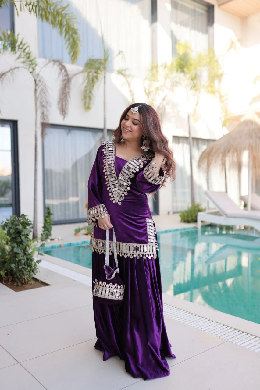 Festive Ice Velvet Zari Mirror Work Top Palazzo Set
