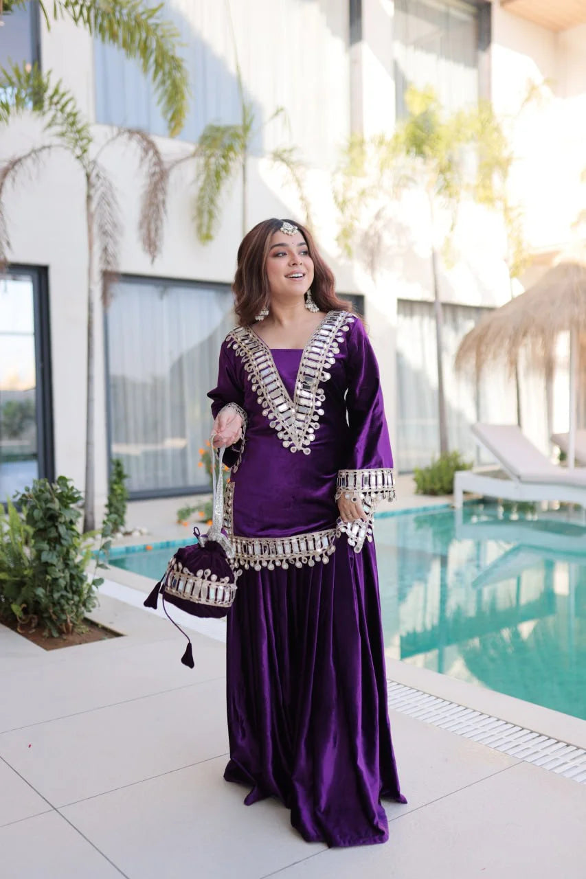 Festive Ice Velvet Zari Mirror Work Top Palazzo Set