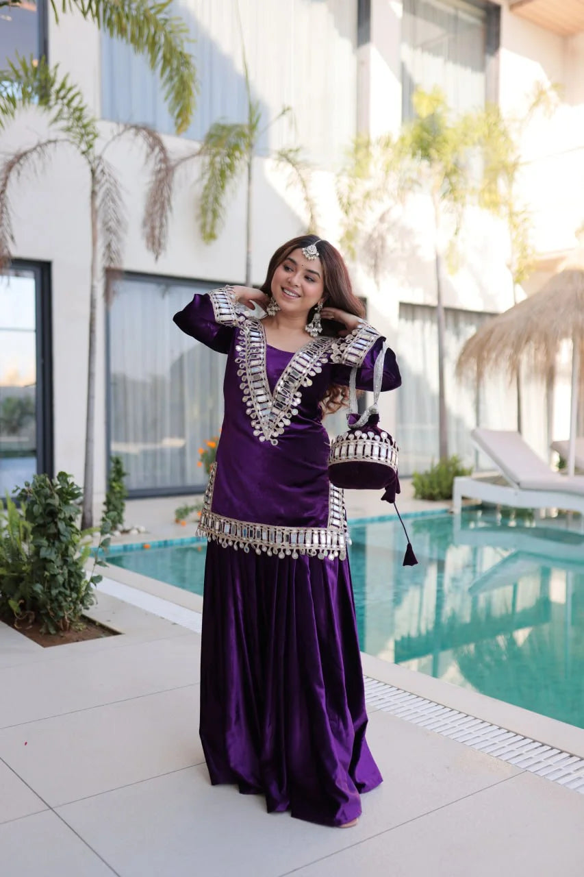 Festive Ice Velvet Zari Mirror Work Top Palazzo Set