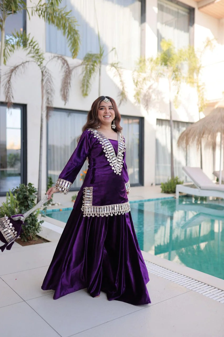 Festive Ice Velvet Zari Mirror Work Top Palazzo Set