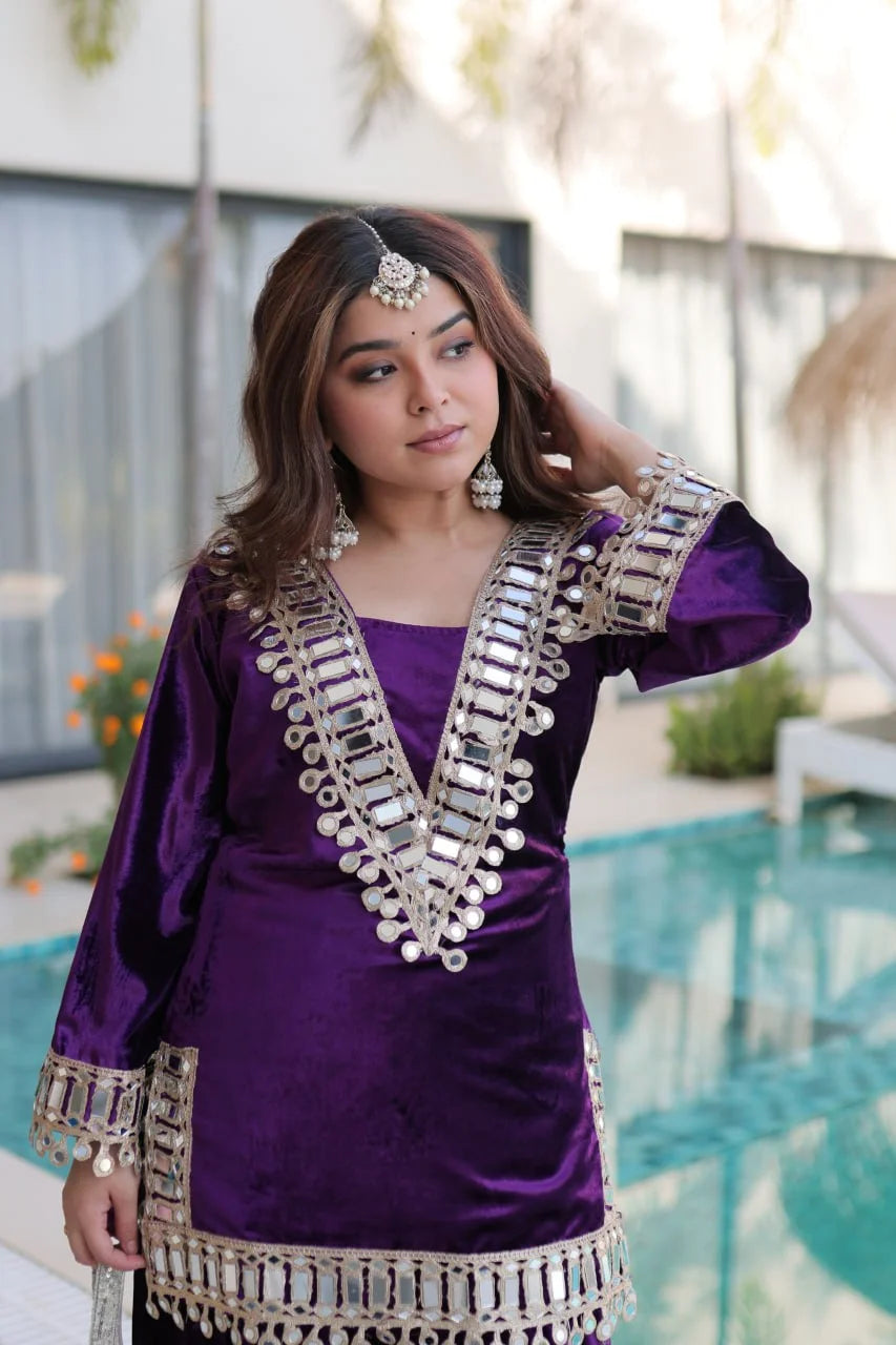 Festive Ice Velvet Zari Mirror Work Top Palazzo Set
