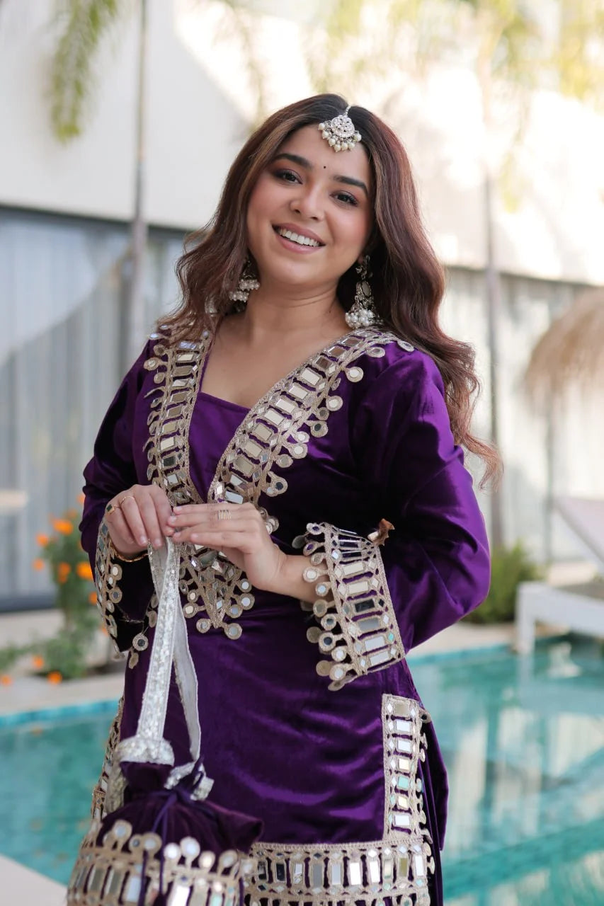 Festive Ice Velvet Zari Mirror Work Top Palazzo Set
