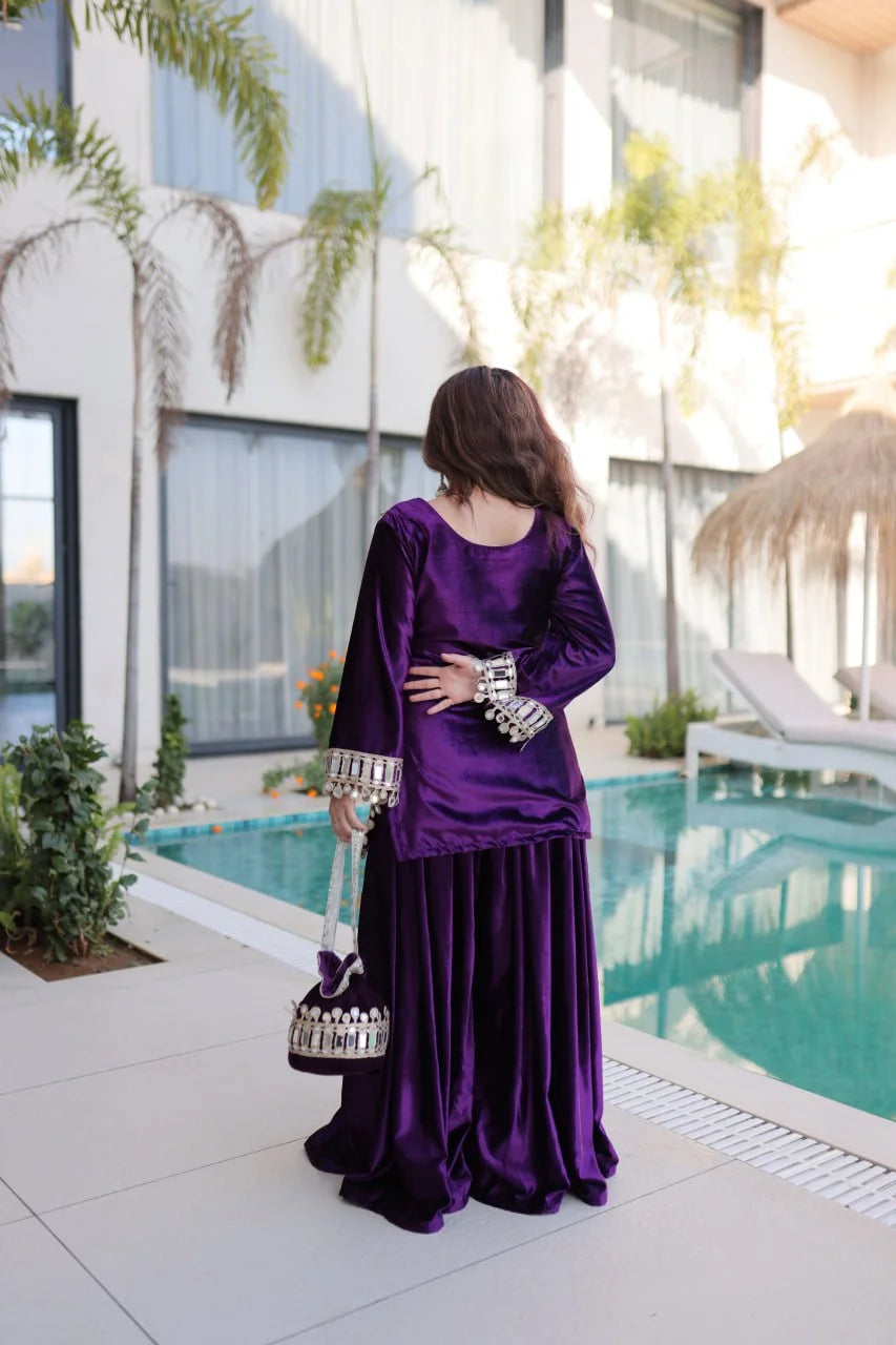 Festive Ice Velvet Zari Mirror Work Top Palazzo Set