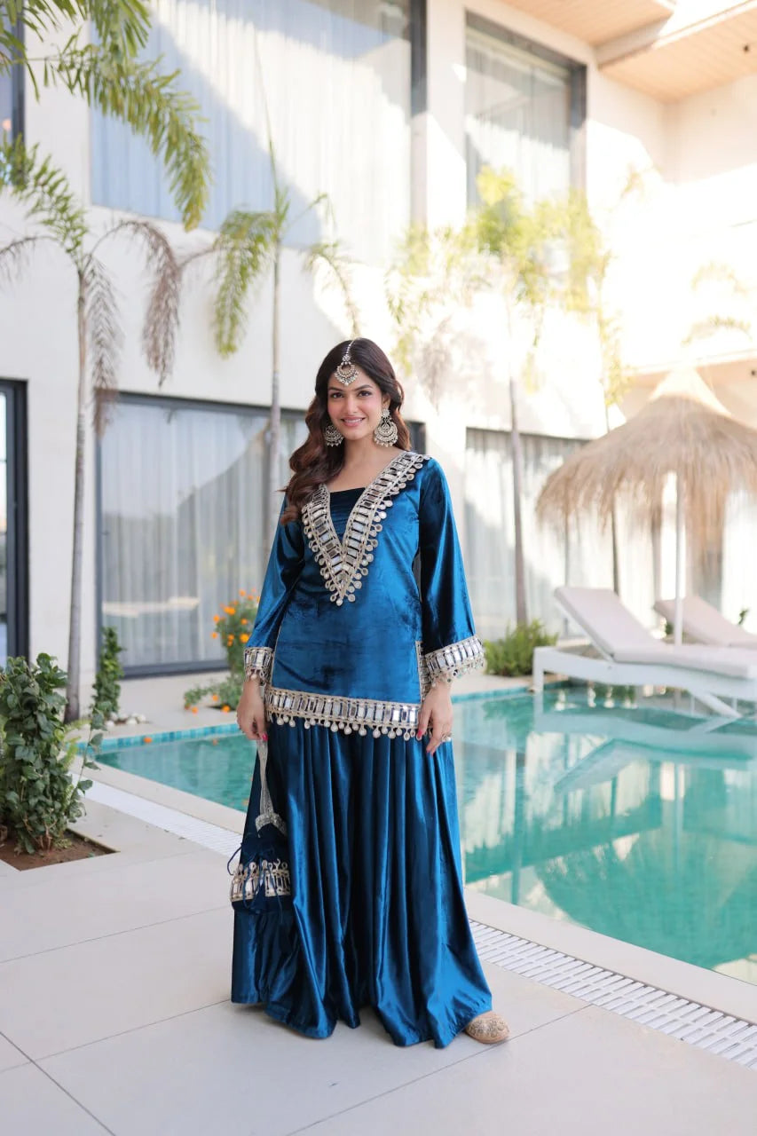Elegant Ice Velvet Embroidered Top Palazzo Set with Zari & Mirror Detailing