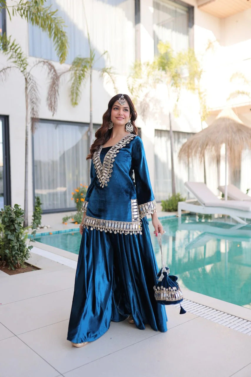 Elegant Ice Velvet Embroidered Top Palazzo Set with Zari & Mirror Detailing