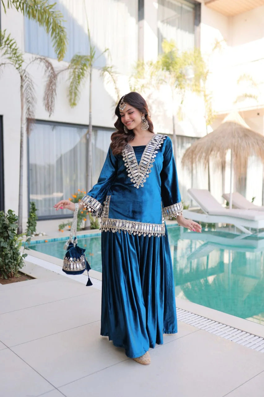 Elegant Ice Velvet Embroidered Top Palazzo Set with Zari & Mirror Detailing